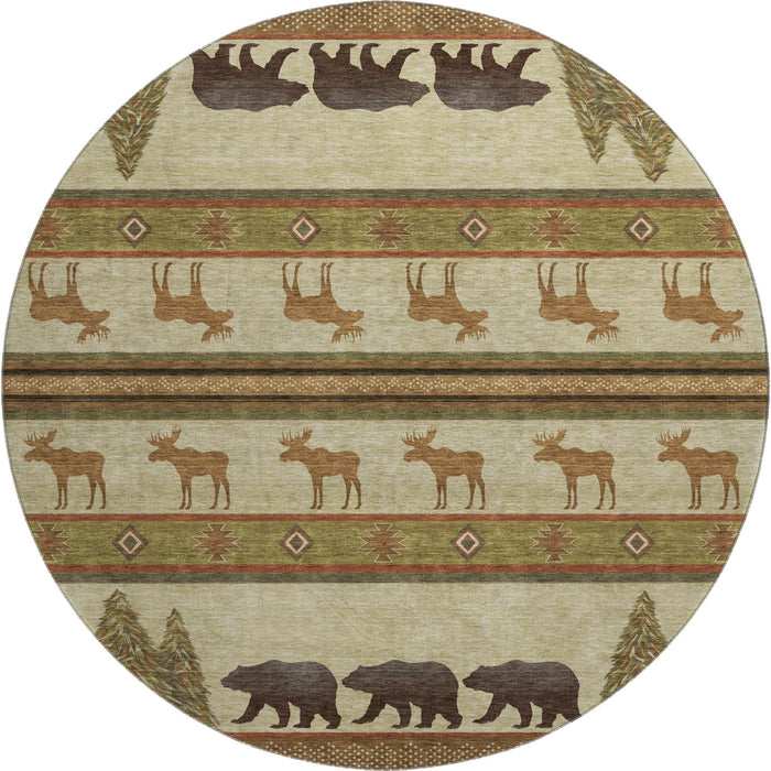 8' Lodge Animal Print Washable Round Rug With UV Protection - Brown
