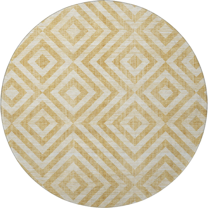 8' Geometric Washable Polyester Round Rug With UV Protection - Gold And Ivory