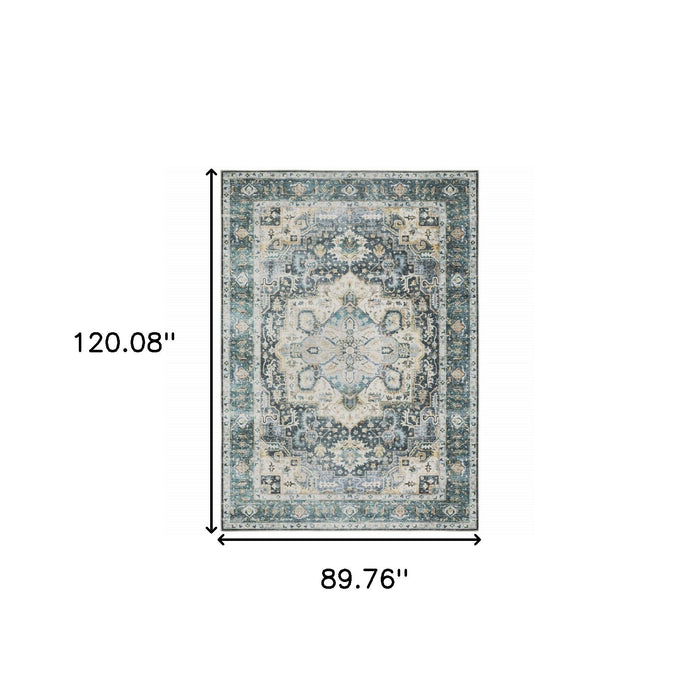 7' x 10' Oriental Printed Stain Resistant Non Skid Area Rug - Blue Ivory Teal Brown And Gold