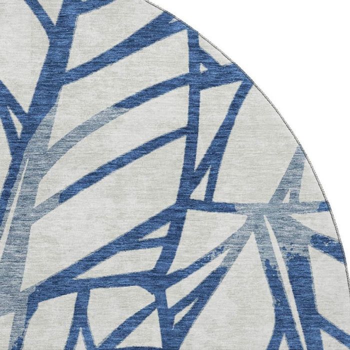 8' Floral Washable Round Rug With UV Protection - Navy Blue And Beige