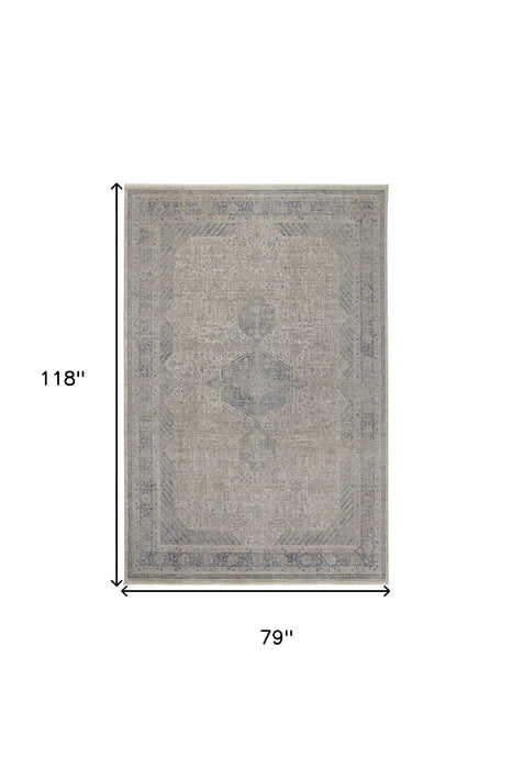 7' x 10' Oriental Power Loom Worn Faded Area Rug With Fringe - Gray Blue And Taupe
