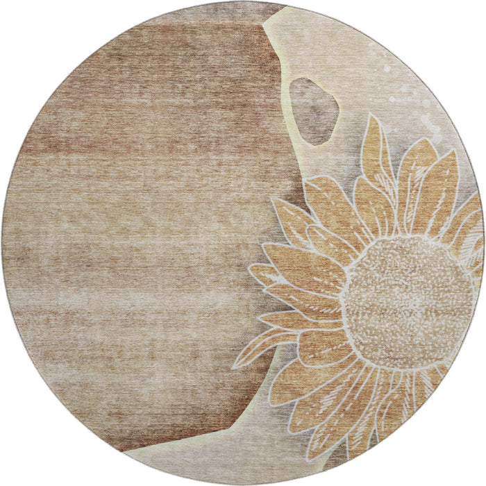 8' Floral Washable Round Rug With UV Protection (656786) - Brown / Beige