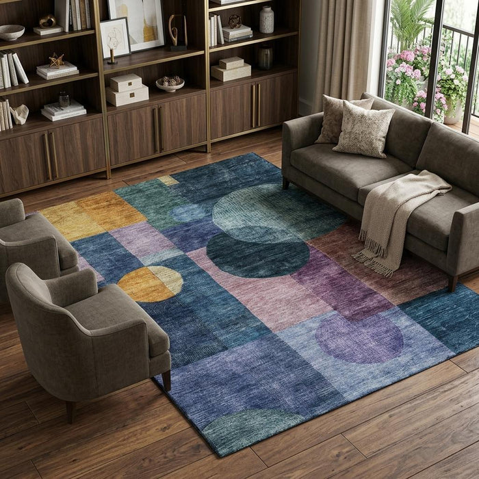10' X 14' Geometric Washable Area Rug With UV Protection (684702) - Blue / Purple / Gold
