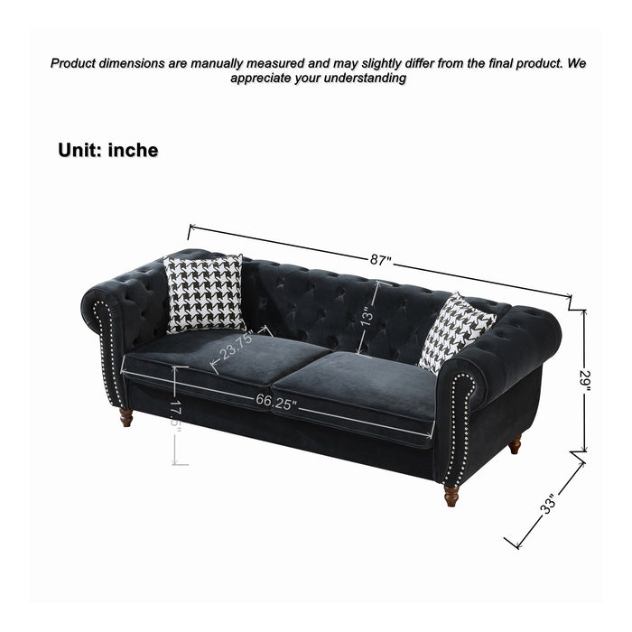 Chesterfield Upholstery Fabric Sofa With Roll Armrest & Nailhead, Mid Century Modern 3 And 3 Seater Couch