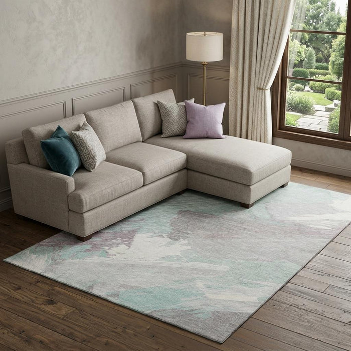 10' X 14' Abstract Washable Area Rug With UV Protection (694152) - Pale Aqua / Gray / Silver