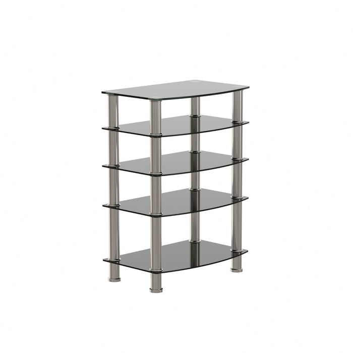 Giga 5-tier black tempered glass side table with stainless steel frame, ideal for living room or bedroom use.
