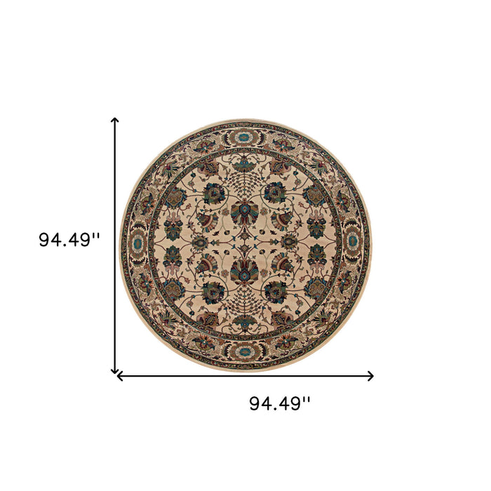 8' Traditional Oriental Polypropylene Round Rug - Ivory And Red