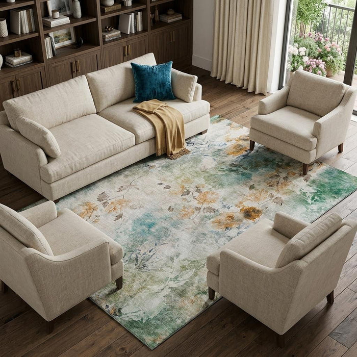 10' X 14' Floral Washable Area Rug With UV Protection (657743) - Teal / Copper / Ivory