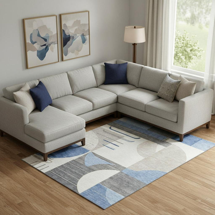 10' X 14' Geometric Washable Area Rug With UV Protection (697410) - Blue / Ivory / Gray