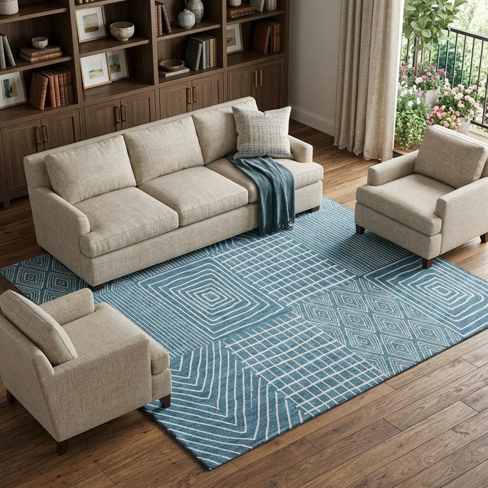 10' X 14' Geometric Washable Area Rug With UV Protection (678113) - Teal / Ivory