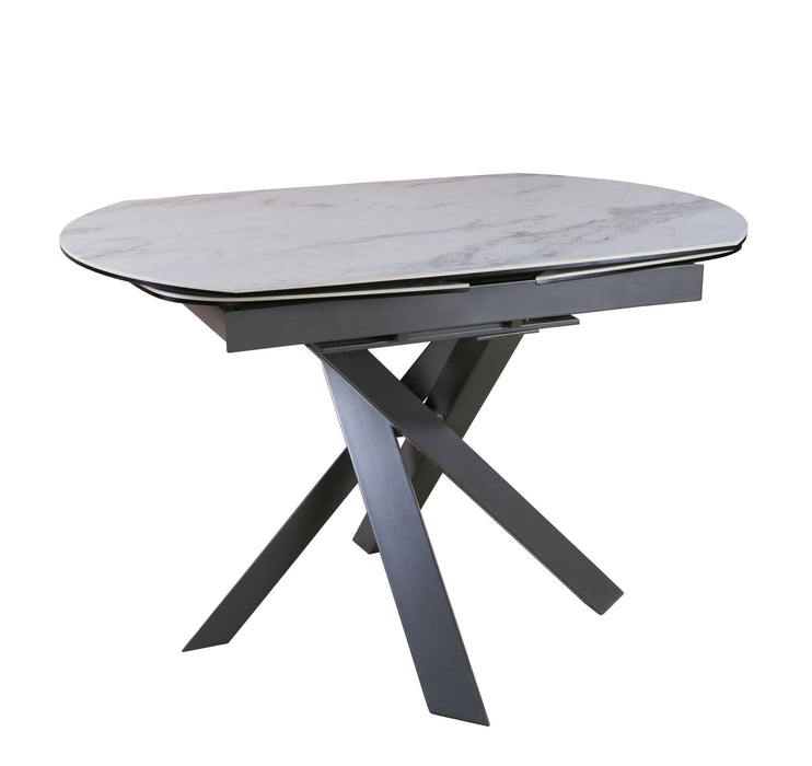 47" Ceramic And Metal Self-Storing Leaf Cross Leg Base Oval Extendable Dining Table - Gray / White
