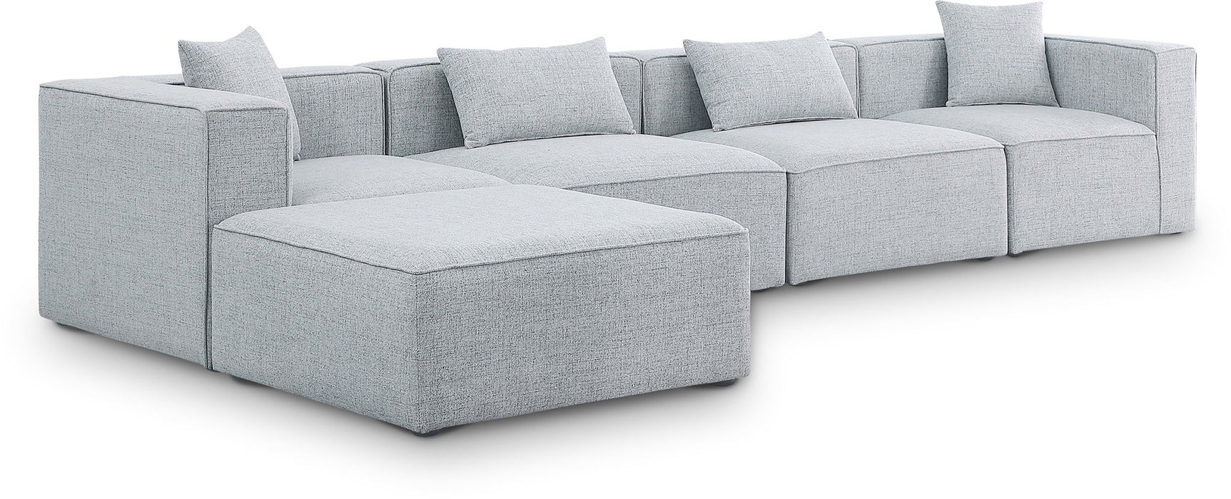 Linen Cube Meridian Furniture 5-piece modular sectional with chaise, stationary sofa with plush cushions and modern design.