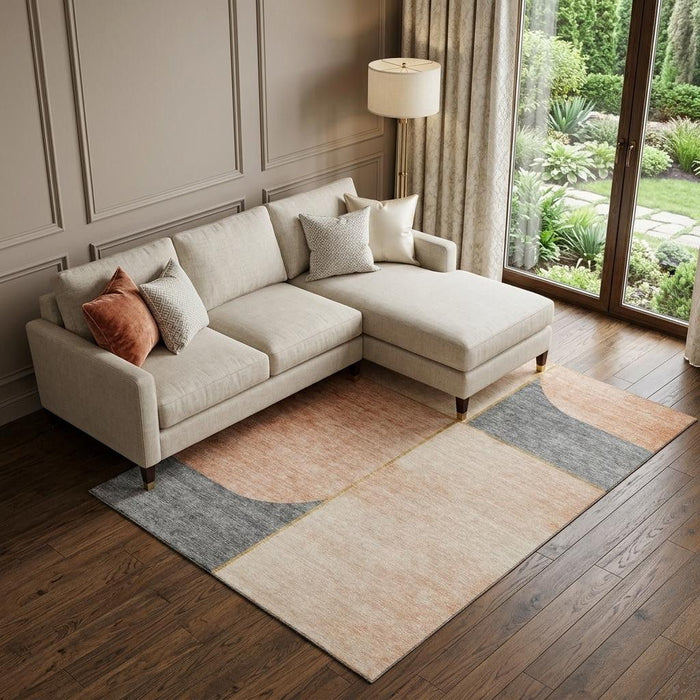 9' X 12' Geometric Washable Area Rug With UV Protection (657496) - Coral / Gray / Gold