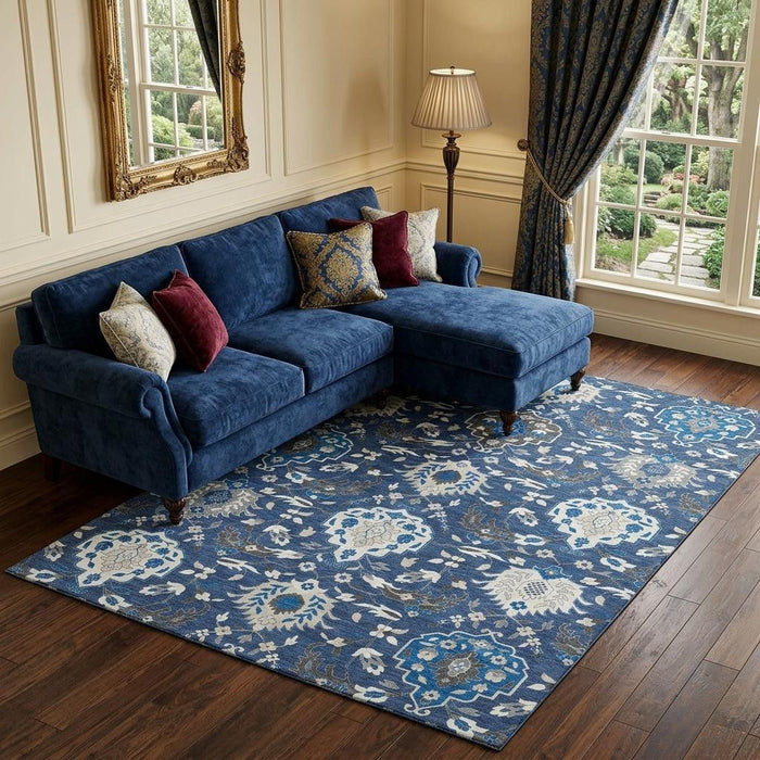 10' X 14' Damask Washable Area Rug With UV Protection (680565) - Navy Blue / Ivory / Charcoal