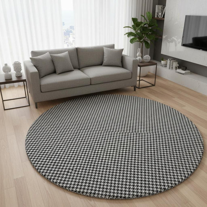 8' Houndstooth Washable Round Rug With UV Protection (645172) - Black / White