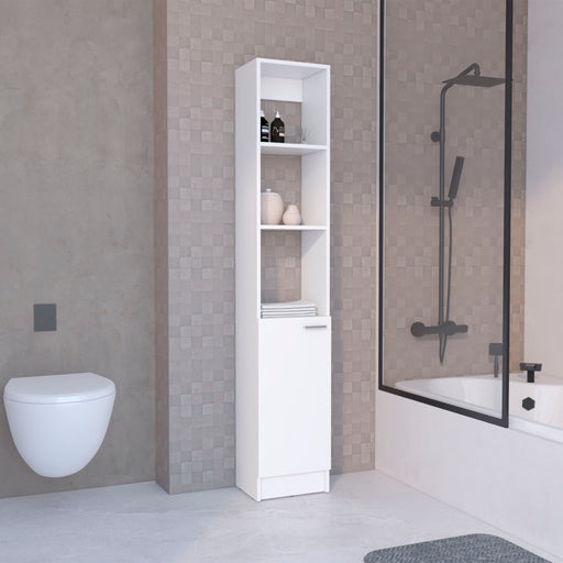 White Giga linen cabinet with one door and six shelves, showcasing organized storage for linen and household items.