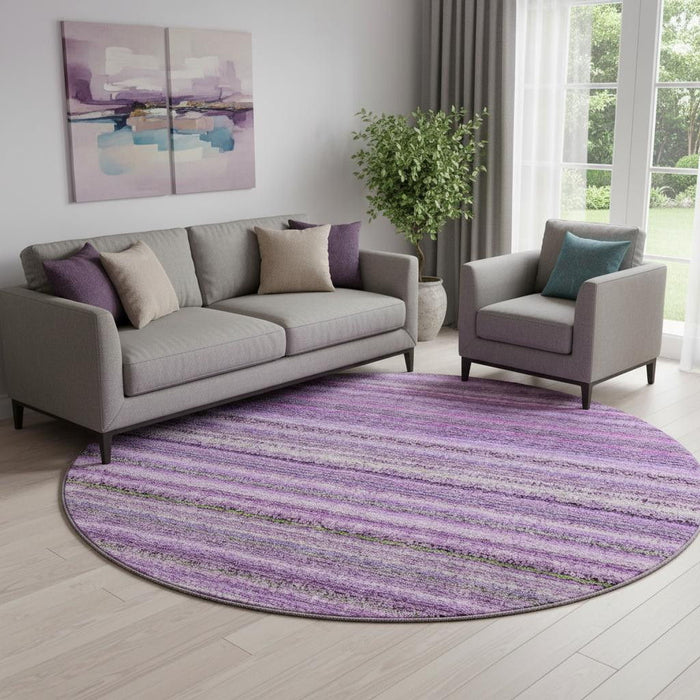 8' Striped Washable Round Rug With UV Protection (650809) - Purple / Gray