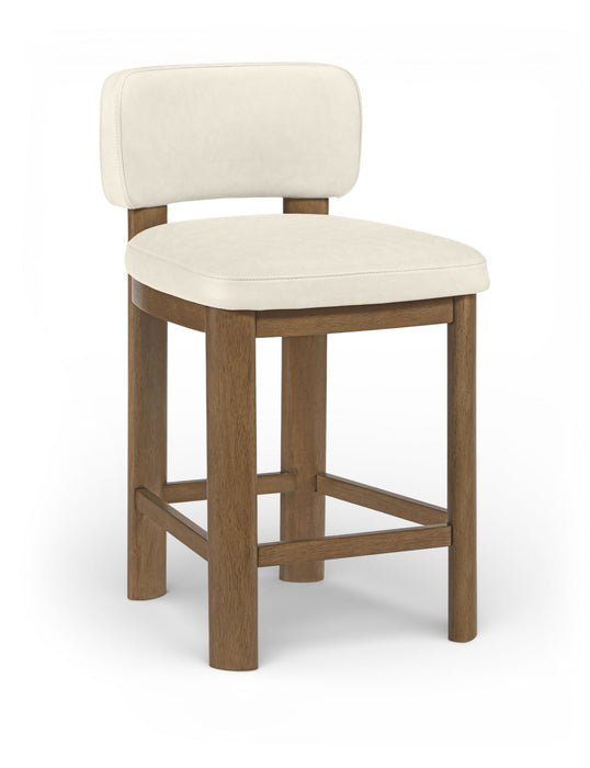 Set of two Meridian Furniture Paloma faux leather counter stools with brown frames, upholstered seats, and modern design.
