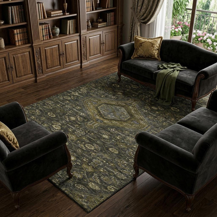 10' X 14' Floral Washable Area Rug With UV Protection (691788) - Charcoal / Olive Green / Silver
