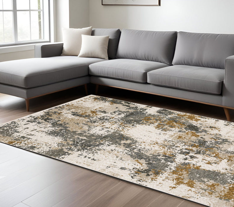7' X 10' Abstract Distressed Area Rug With Fringe - Beige And Gray