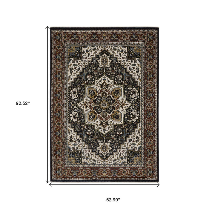 5' X 8' Traditional Medallion Area Rug With Fringe - Navy Blue