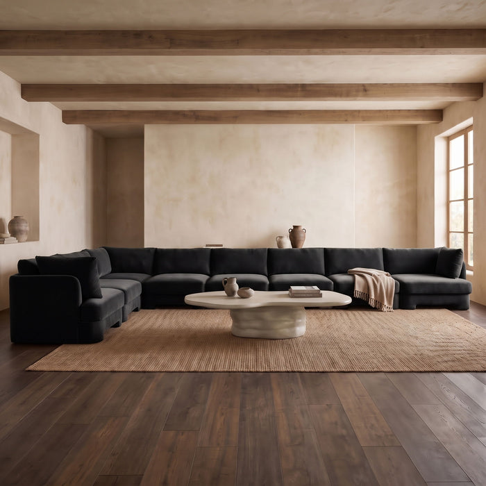 Meridian Furniture Hammond velvet upholstery 8-piece L-shaped sectional sofa with plush cushions and modern design.