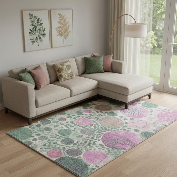 10' X 14' Geometric Washable Area Rug With UV Protection (707263) - Green / Pink / Ivory