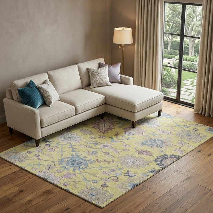 10' X 14' Floral Washable Area Rug With UV Protection (686993) - Yellow / Blue / Blush