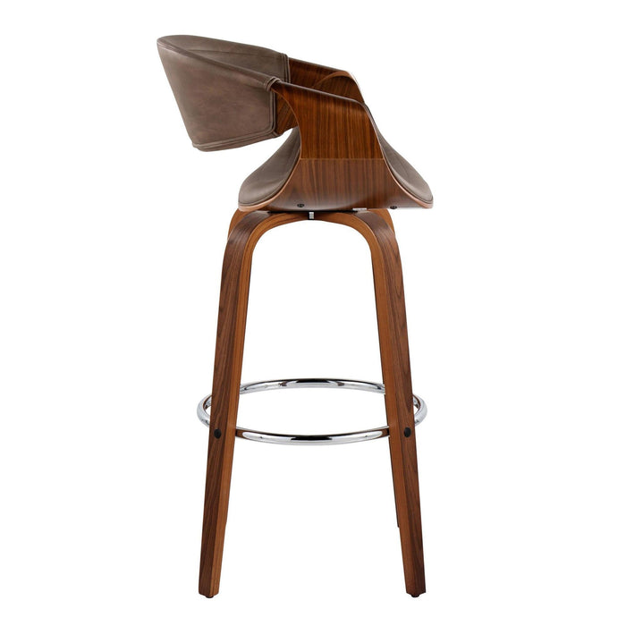 Curvo - 30" Fixed-Height Barstool With Swivel And Round Chrome Metal Footrest (Set of 2) - Walnut Wood