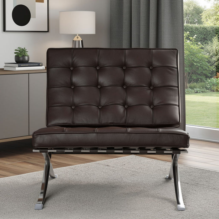 Tufted Genuine Leather Stainless Steel Folding Lounge Chair - Brown / Silver