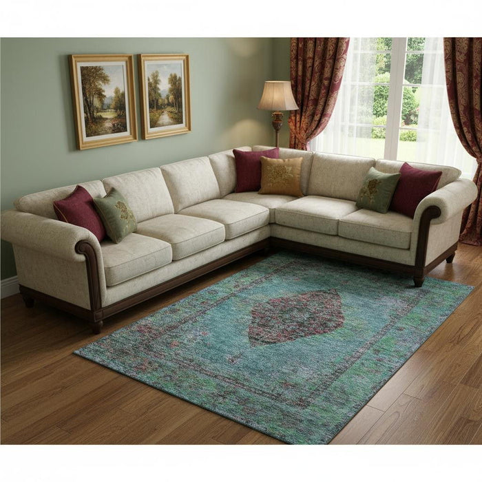 10' X 14' Medallion Washable Area Rug With UV Protection (714817) - Aqua / Purple