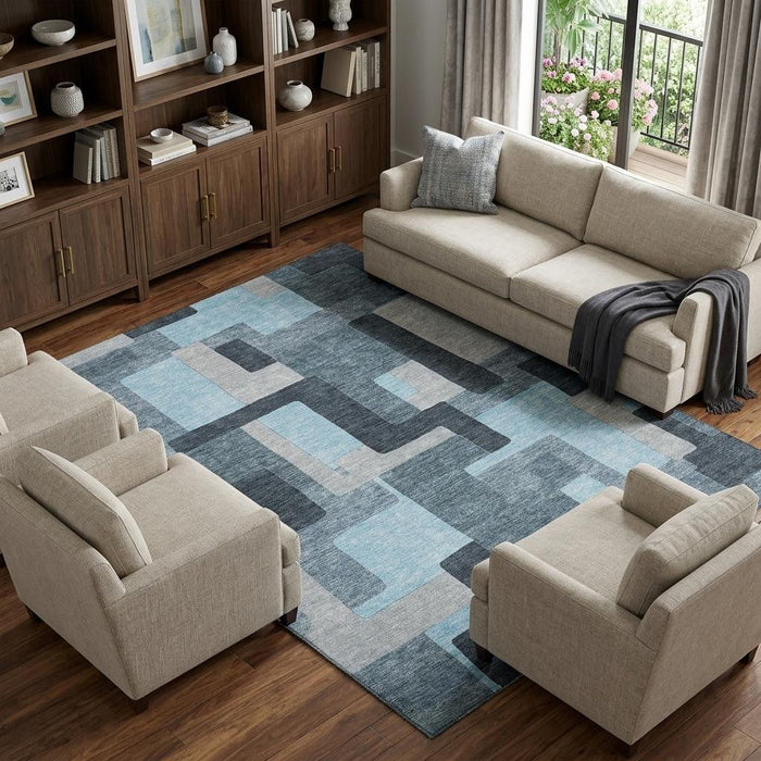 10' X 14' Geometric Washable Area Rug With UV Protection (675744) - Sky Blue / Gray