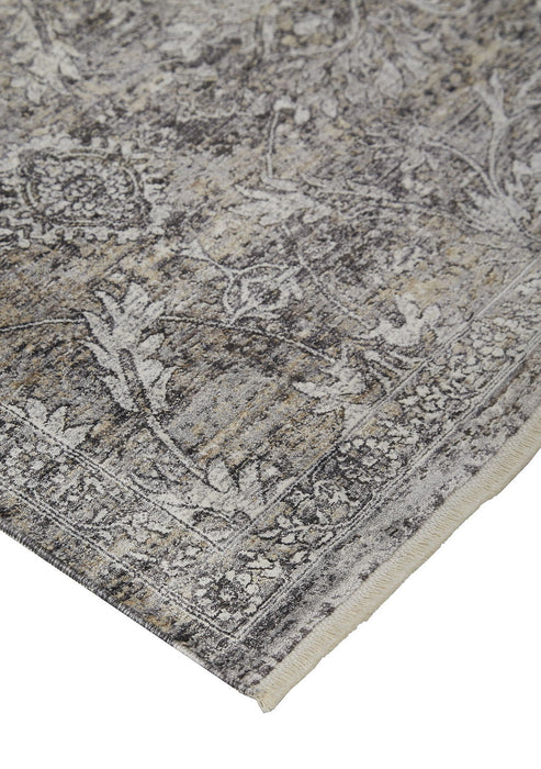 8' Oriental Power Loom Worn Faded Runner Rug - Gray And Ivory