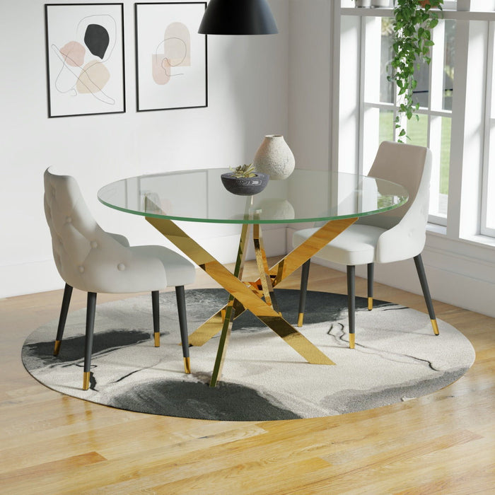 54" Glass And Metal Cross Leg Base Round Top Dining Table - Clear