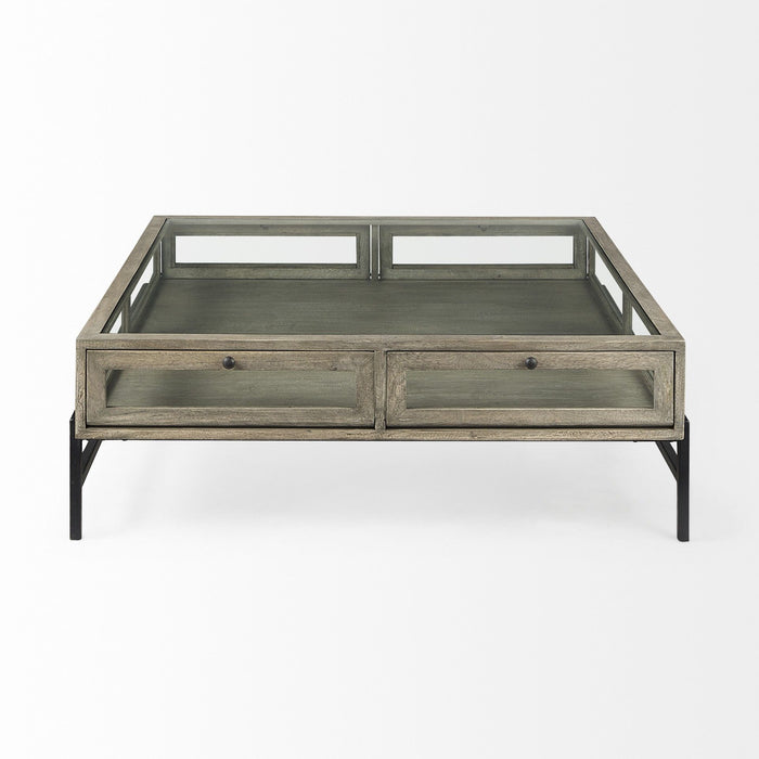 Gray and black glass and metal square coffee table with shelf by HomeRoots, featuring a modern design and open storage space.