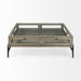 Gray and black glass and metal square coffee table with shelf by HomeRoots, featuring a modern design and open storage space.