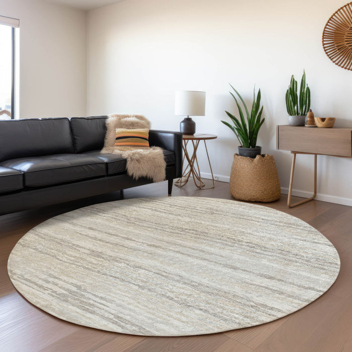 8' Striped Washable Round Rug With UV Protection - Khaki And Ivory