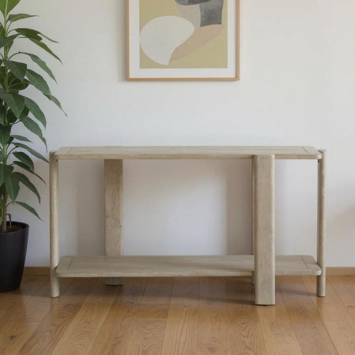 54" Solid Wood Distressed Console Table With Shelf - Natural