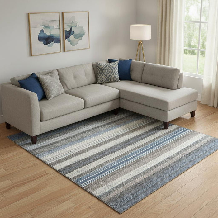 10' X 14' Striped Washable Area Rug With UV Protection (697692) - Denim Blue / Ivory / Gray