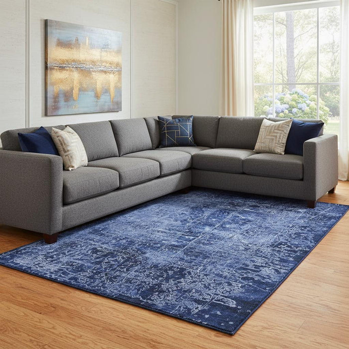 8' X 10' Abstract Washable Area Rug With UV Protection (649046) - Navy Blue / Ivory