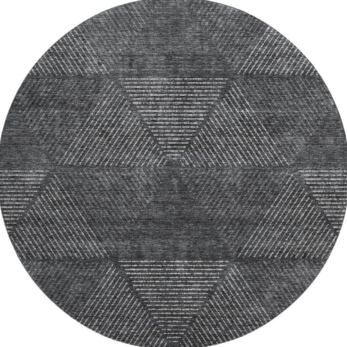 8' Geometric Washable Round Rug With UV Protection - Charcoal And Silver