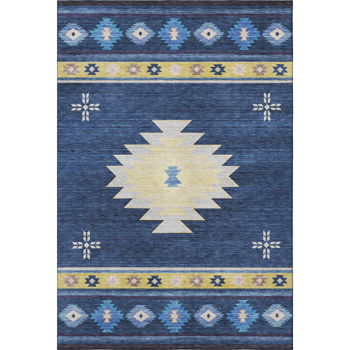 3' X 5' Geometric Washable Area Rug With UV Protection (645679) - Blue / Ivory / Gold