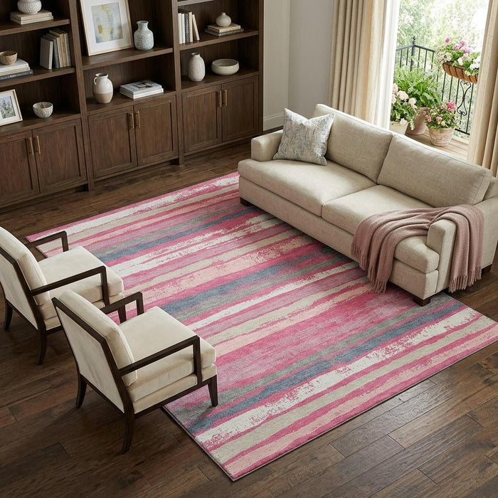 10' X 14' Striped Washable Area Rug With UV Protection (680037) - Pink / Beige / Blue