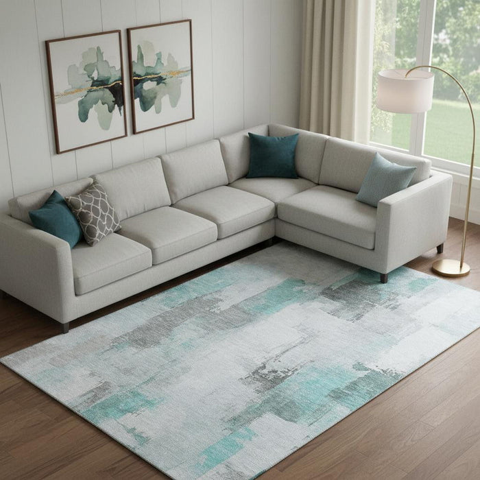 10' X 14' Abstract Washable Area Rug With UV Protection (709684) - Teal / Gray / Ivory