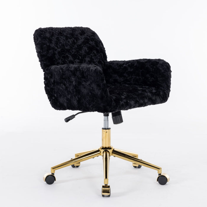 Giga swivel office chair with artificial rabbit hair upholstery, metal base, adjustable height, and 360-degree swivel for home or vanity use.