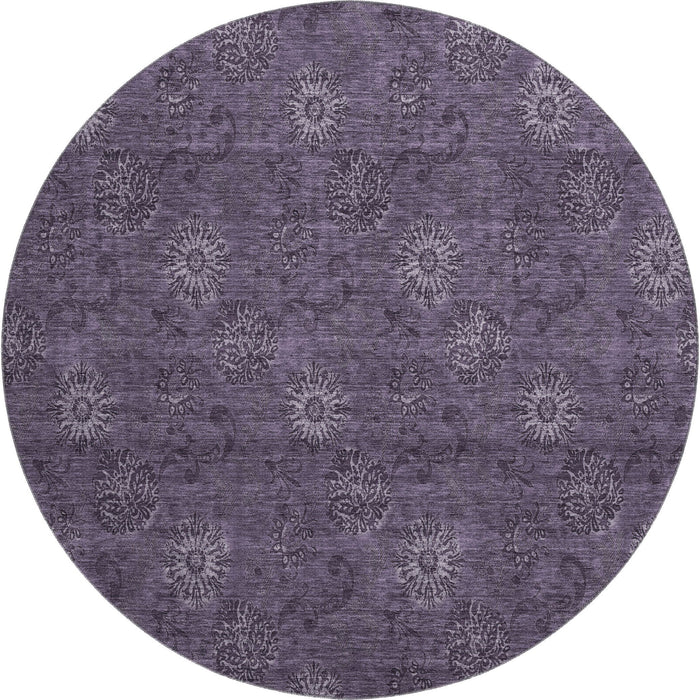 8' Floral Washable Round Rug With UV Protection - Eggplant And Ivory