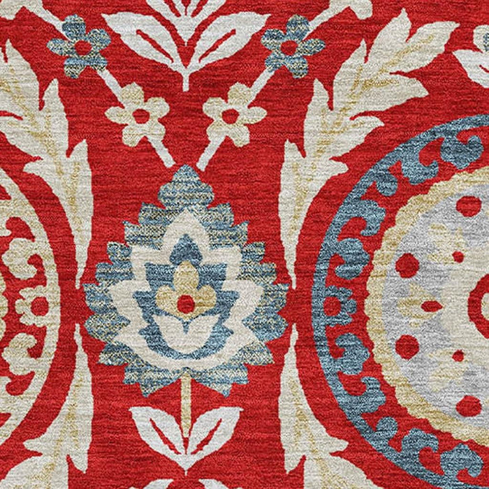 9' X 12' Floral Washable Area Rug With UV Protection - Red