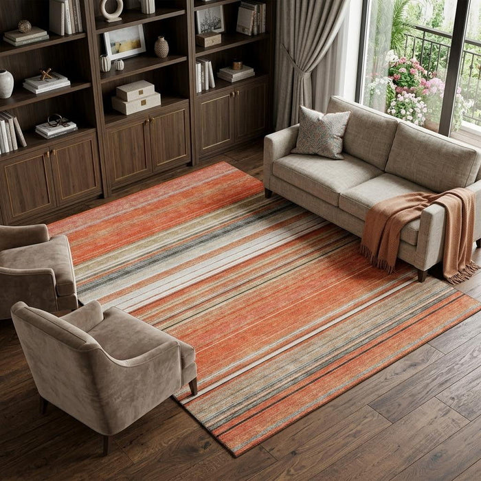 10' X 14' Striped Washable Area Rug With UV Protection (677303) - Coral / Gray / Beige
