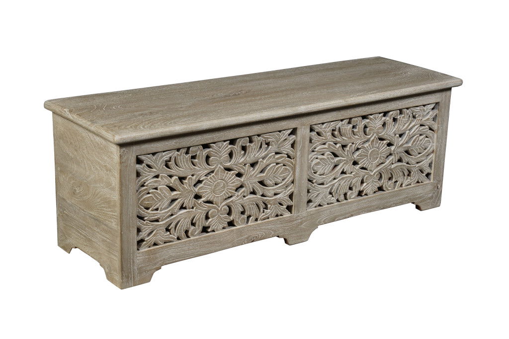 52" Distressed Solid Wood Carved Floral Storage Ottoman - Gray