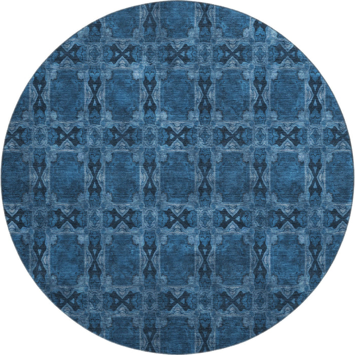 8' Floral Medallion Washable Round Rug With UV Protection (649501) - Navy Blue / Gray